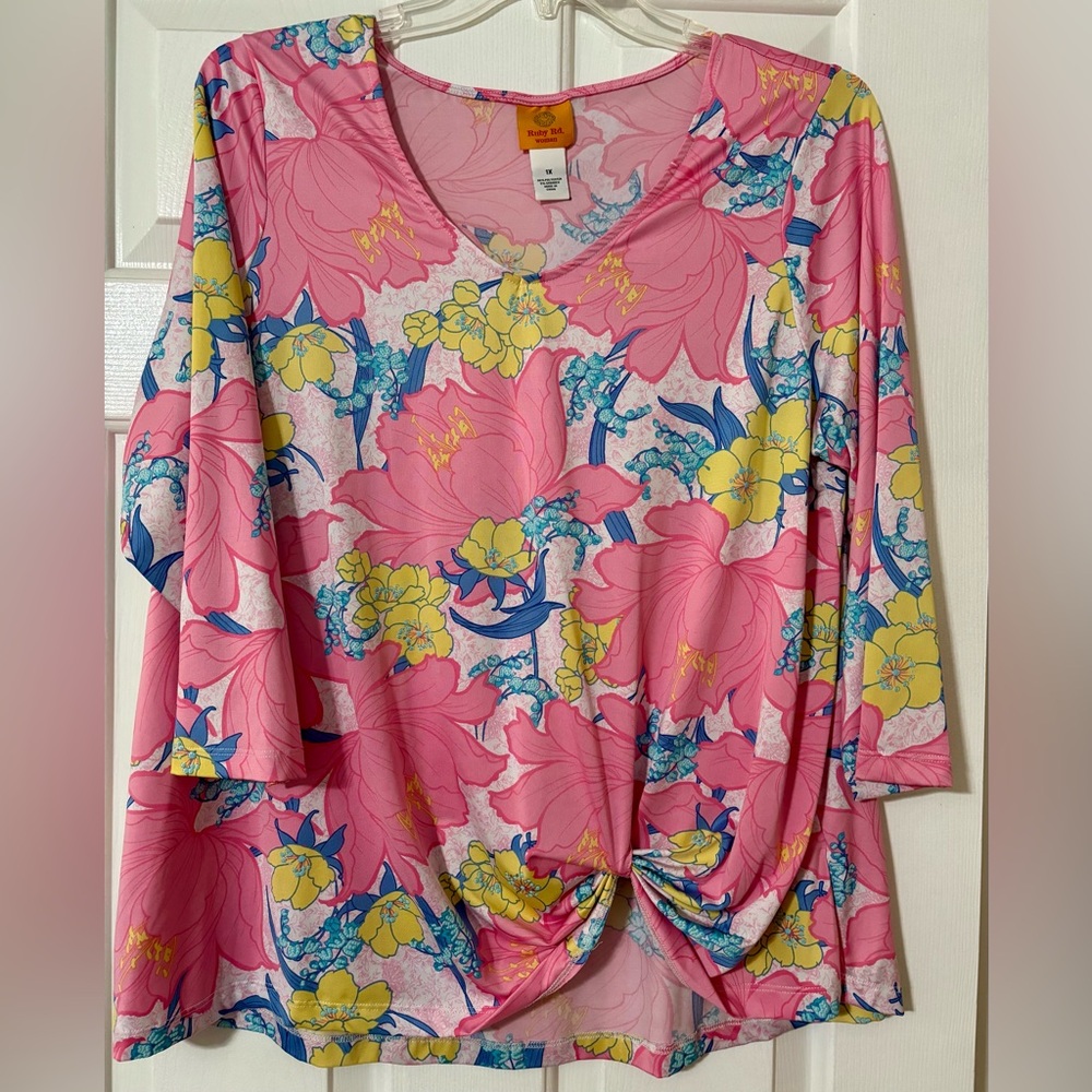 Ruby Rd. Pink and Yellow Floral Blouse